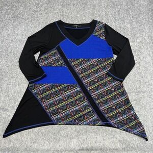 Calessa Tunic Top Womens Large Black Blue Plaid Patchwork Asymmetrical Hem Shirt